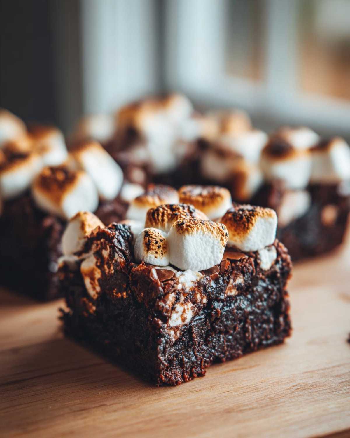 Close-up of a fudgy hot chocolate brownie topped with perfectly toasted marshmallows.