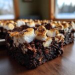 Close-up of a fudgy hot chocolate brownie slice topped with toasted marshmallows.