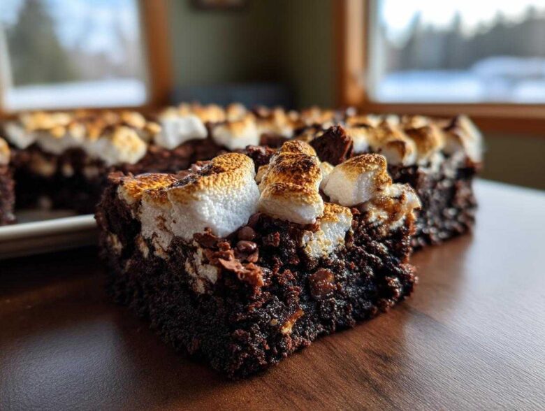 Close-up of a fudgy hot chocolate brownie slice topped with toasted marshmallows.