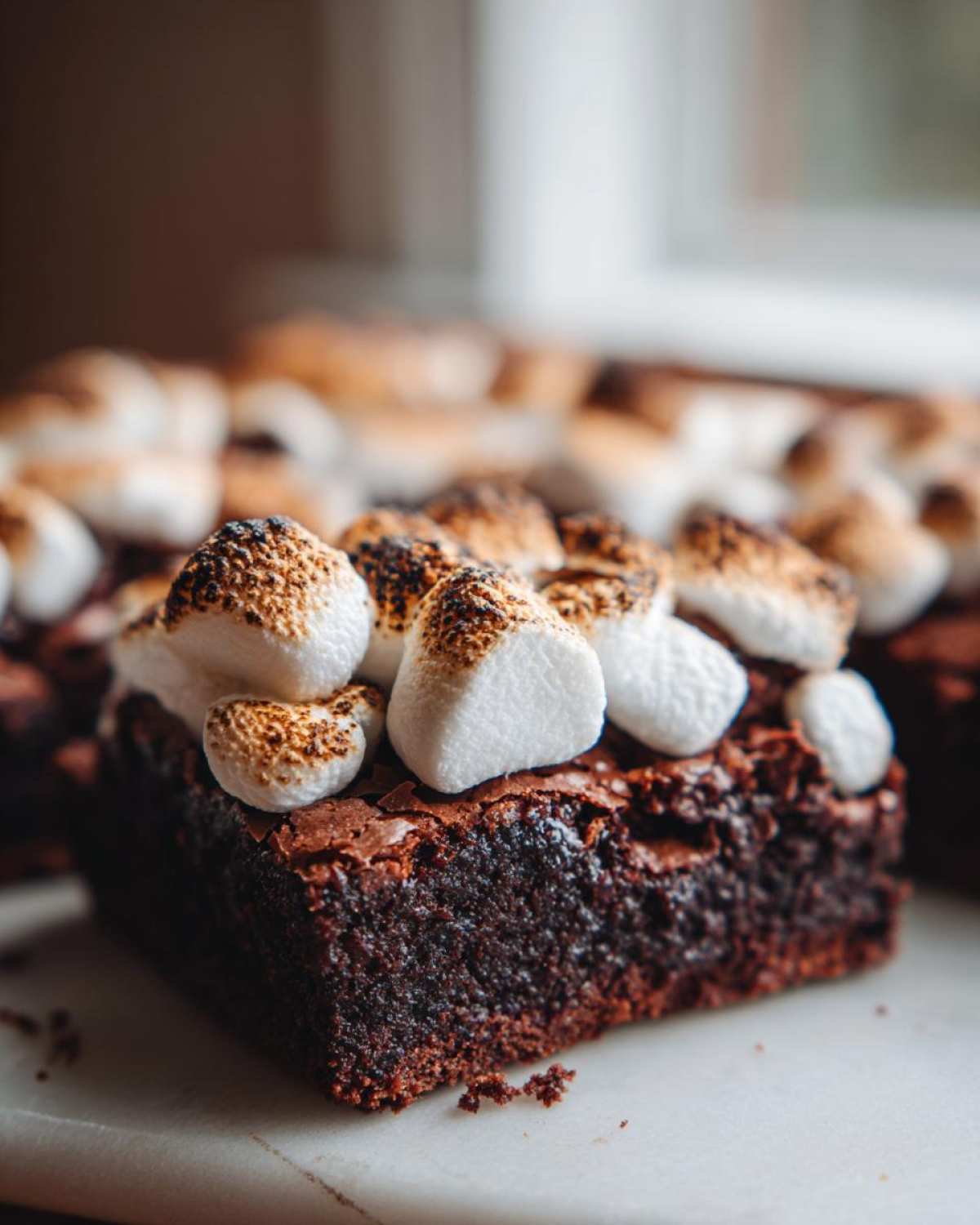 Close-up of a fudgy hot chocolate brownie topped with toasted marshmallows.