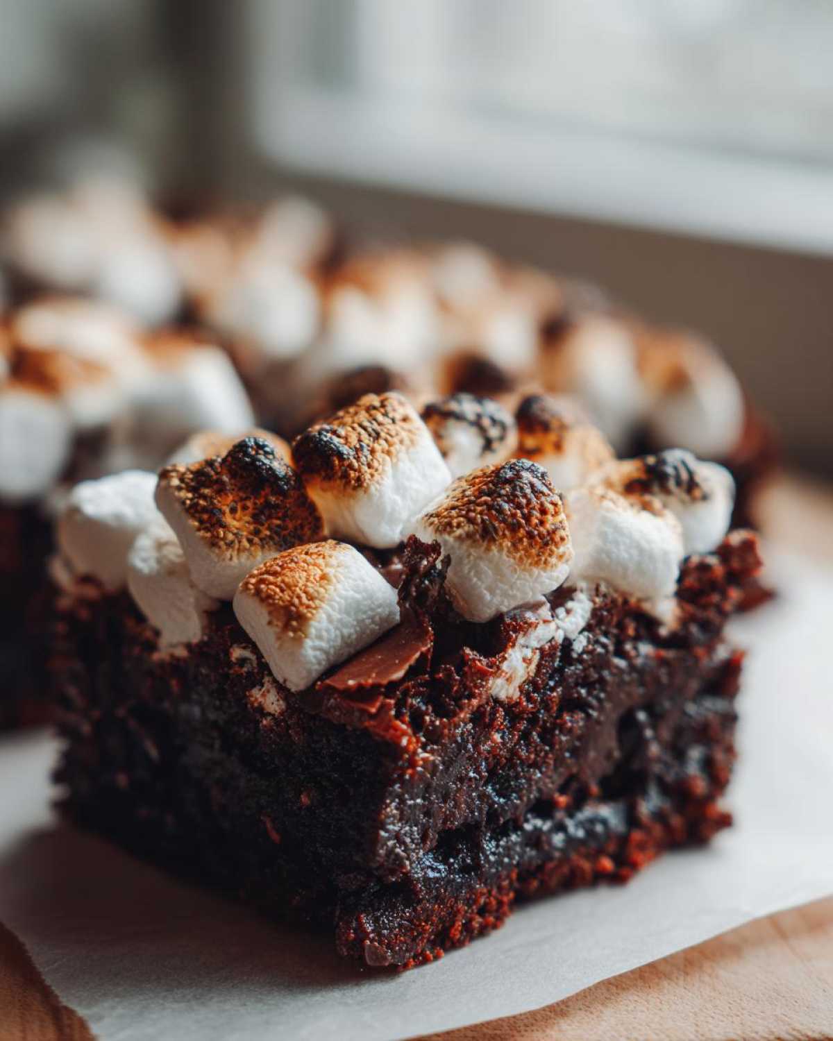Close-up of a fudgy hot chocolate brownies square topped with perfectly toasted marshmallows.