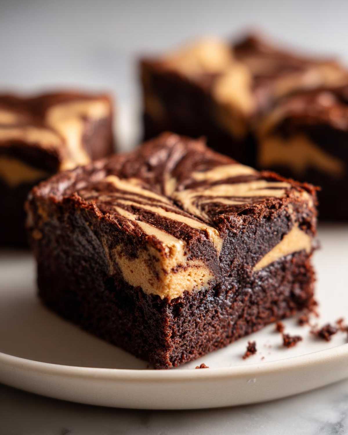 Close-up of two fudgy peanut butter swirl brownies stacked on a white plate, showing rich chocolate texture.