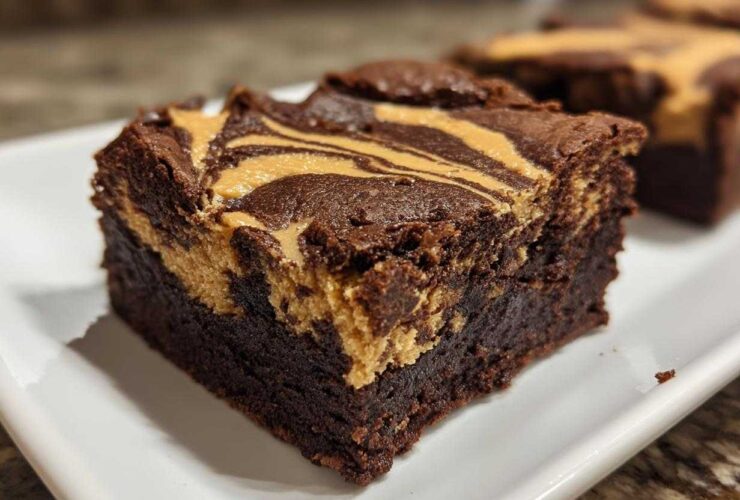 Close-up of a fudgy peanut butter swirl brownies square showing the rich chocolate base and creamy peanut butter topping.