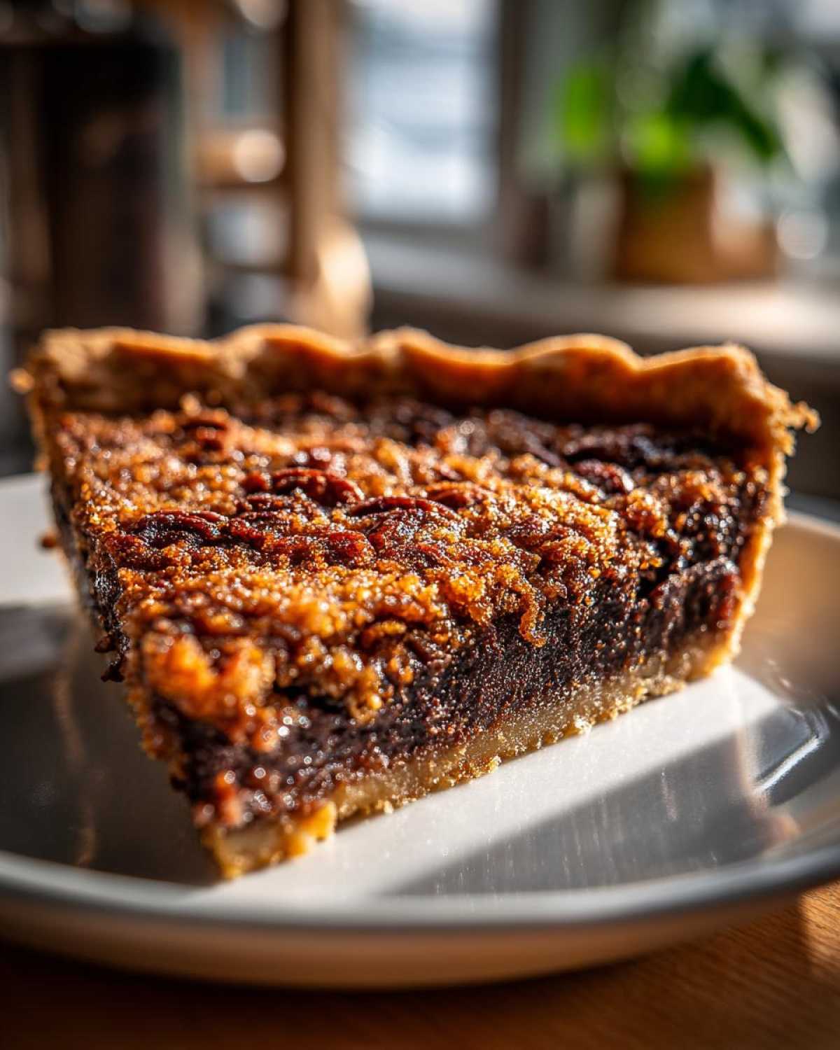 Close-up of a rich slice of German chocolate pie showing a dark filling and a pecan topping on a white plate.