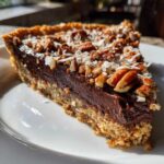 A close-up slice of decadent German chocolate pie featuring a thick chocolate filling, pecan topping, and shredded coconut.