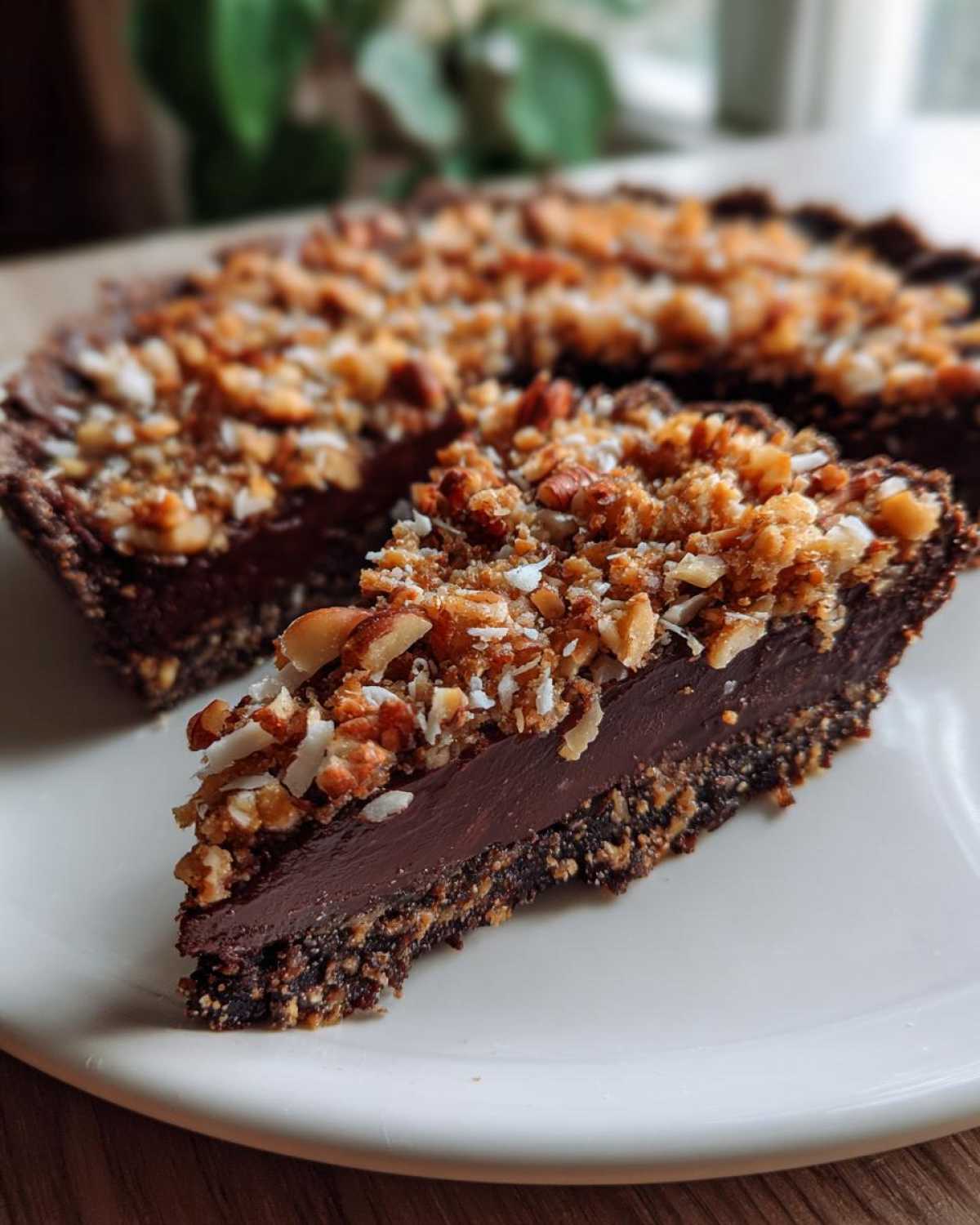 A slice of rich, dark German Chocolate Pie featuring a thick chocolate filling and a generous coconut-pecan topping.