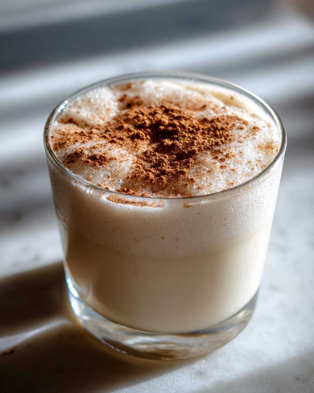 Close-up of a glass filled with creamy coquito, topped with thick foam and a dusting of ground cinnamon.