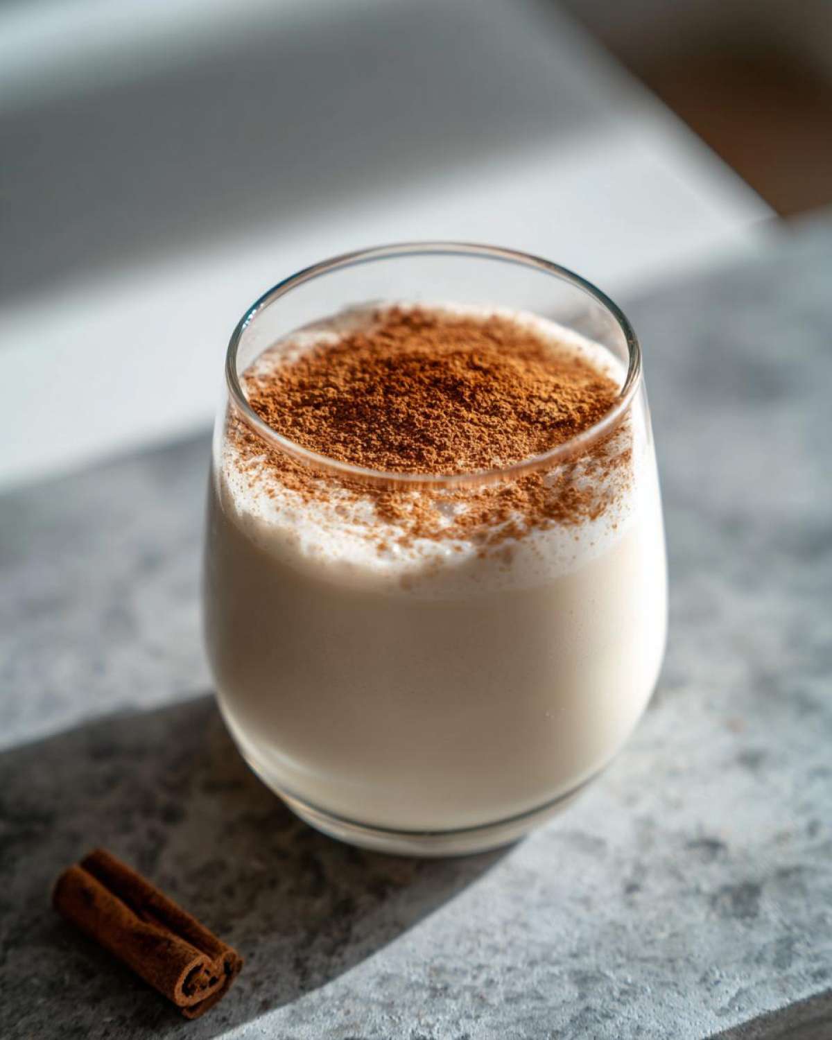 A glass of creamy coquito topped generously with ground cinnamon sits next to a cinnamon stick.