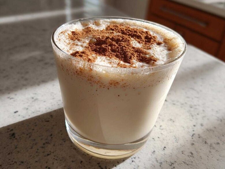 A glass of creamy, chilled coquito topped generously with ground cinnamon spice.