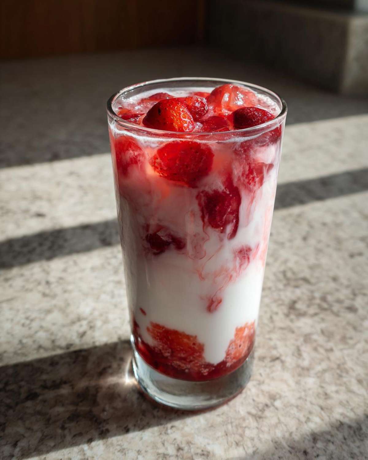A tall glass filled with homemade strawberry milk, showing swirls of white milk and bright red macerated strawberries.