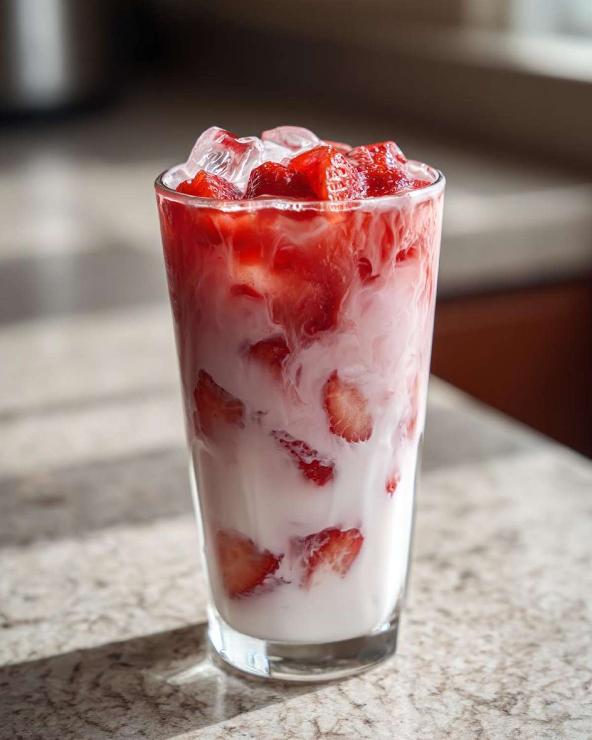 A tall glass filled with homemade strawberry milk, showing swirls of pink and white milk mixing with sliced strawberries and topped with ice cubes.