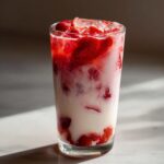 Close-up of a tall glass filled with homemade strawberry milk, fresh strawberries, and ice cubes.