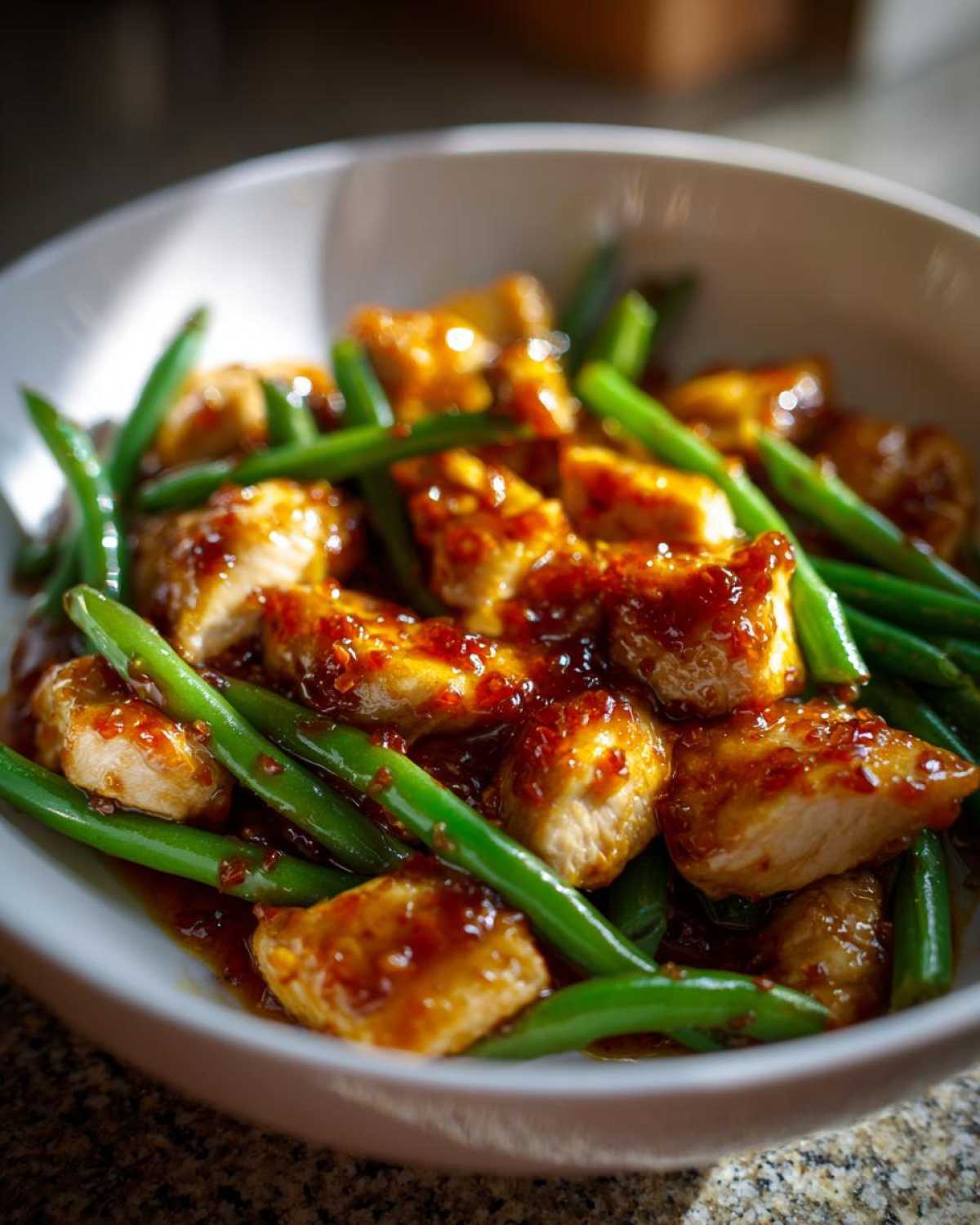 Close-up of bite-sized pieces of glazed chicken mixed with vibrant green beans in a white bowl, featuring the chicken and green beans dish.
