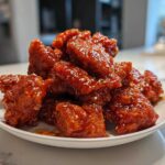 A mound of sticky, bright red, glazed gochujang chicken pieces sprinkled with sesame seeds on a white plate.