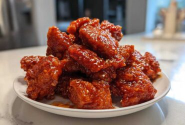 A mound of sticky, bright red, glazed gochujang chicken pieces sprinkled with sesame seeds on a white plate.