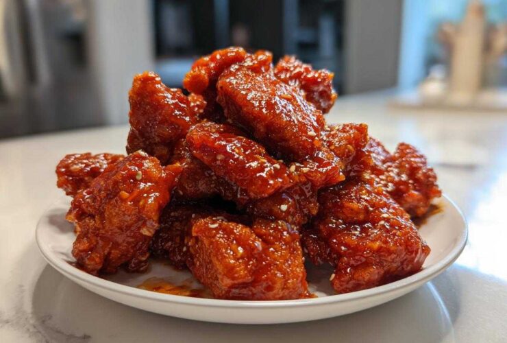 A mound of sticky, bright red, glazed gochujang chicken pieces sprinkled with sesame seeds on a white plate.