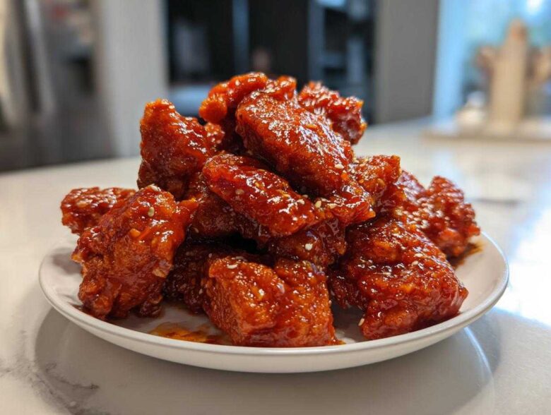 A mound of sticky, bright red, glazed gochujang chicken pieces sprinkled with sesame seeds on a white plate.