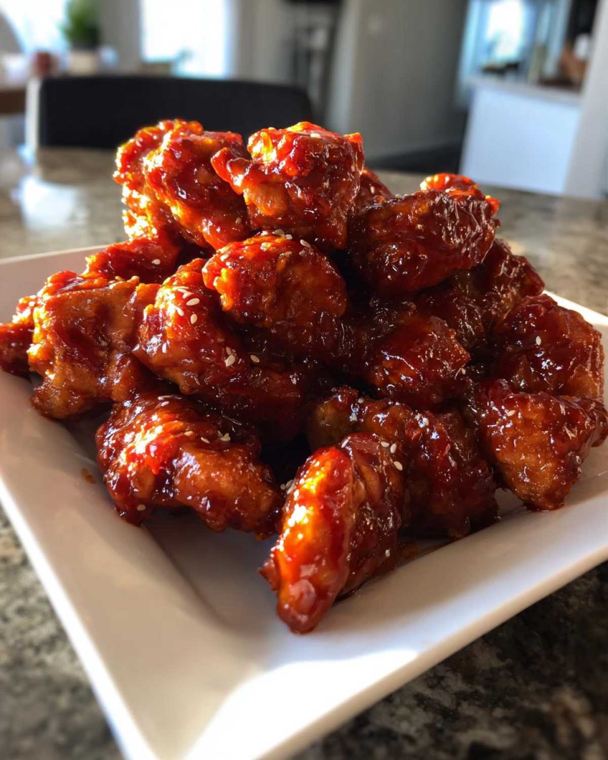 A close-up shot of a pile of sticky, glazed gochujang chicken pieces sprinkled with sesame seeds on a white square plate.