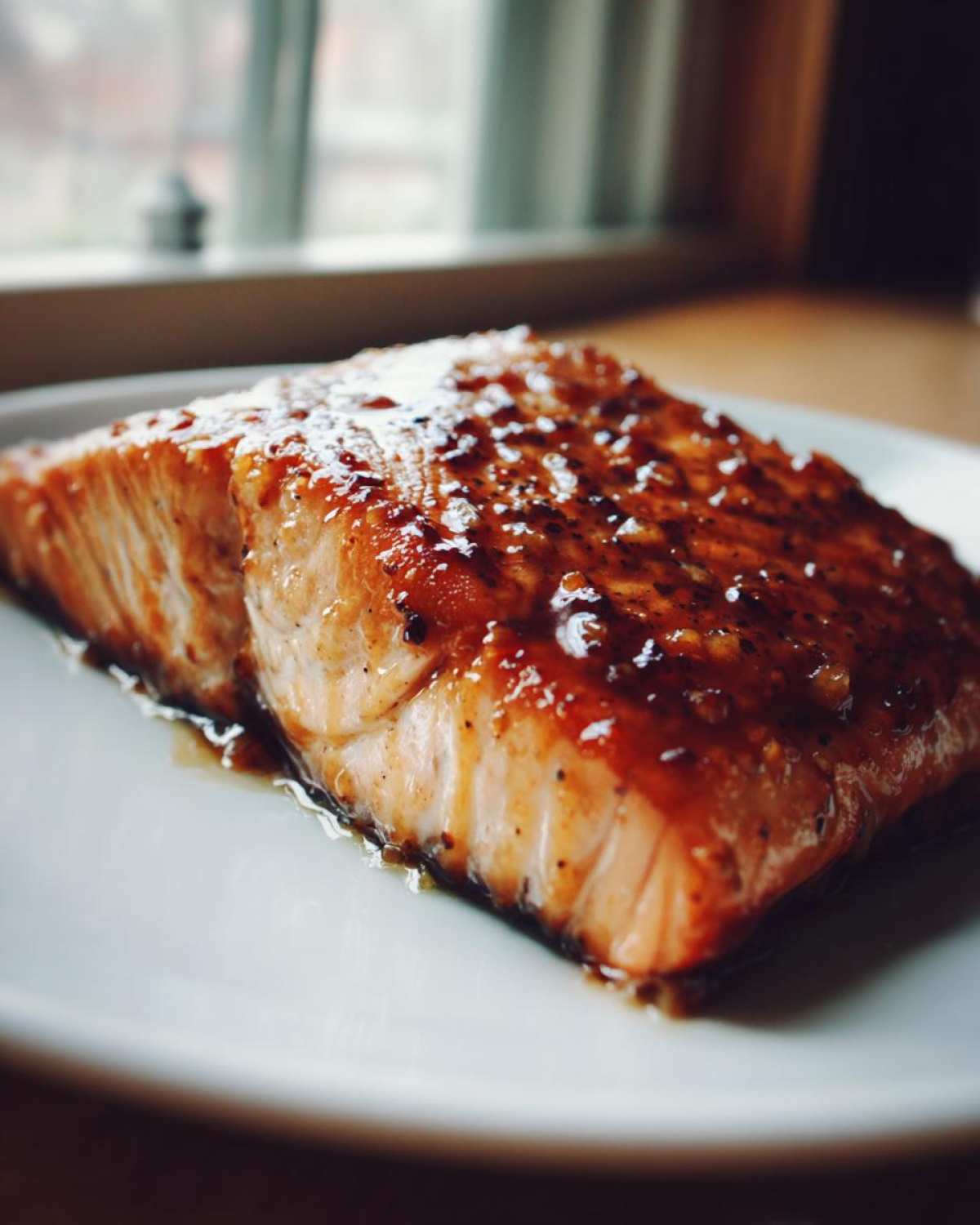 A close-up of a perfectly cooked, glazed fillet from our baked salmon recipe sitting on a white plate.