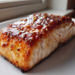 Close-up of a perfectly cooked fillet in a baked salmon recipe, topped with a shiny, caramelized glaze and sesame seeds.