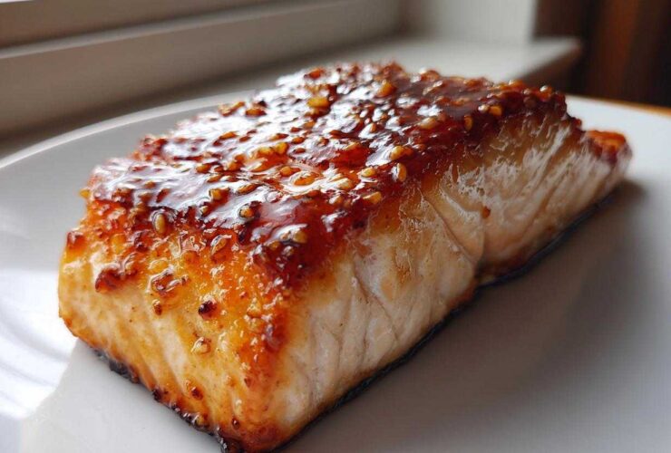 Close-up of a perfectly cooked fillet in a baked salmon recipe, topped with a shiny, caramelized glaze and sesame seeds.