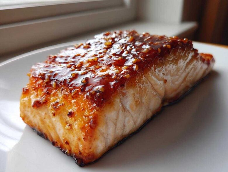 Close-up of a perfectly cooked fillet in a baked salmon recipe, topped with a shiny, caramelized glaze and sesame seeds.