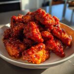 Close-up of crispy chicken pieces coated in a thick, glossy red gochujang sauce and sprinkled with sesame seeds.