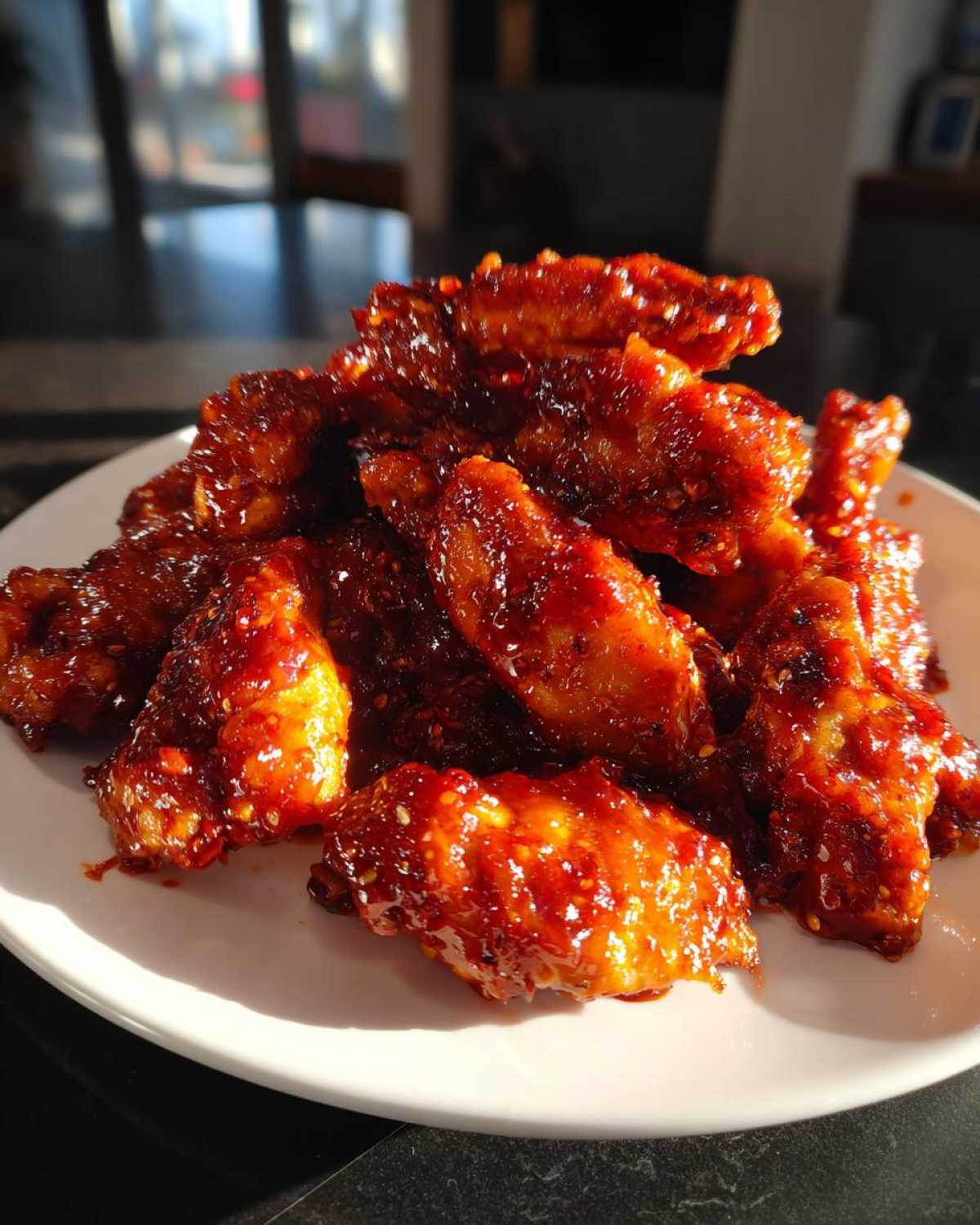 A pile of sticky, glossy gochujang chicken wings coated in a deep red sauce, served on a white plate.