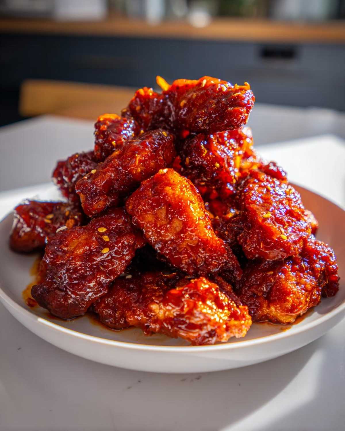 A close-up of a generous pile of sticky, glossy gochujang chicken wings coated in a spicy red sauce.