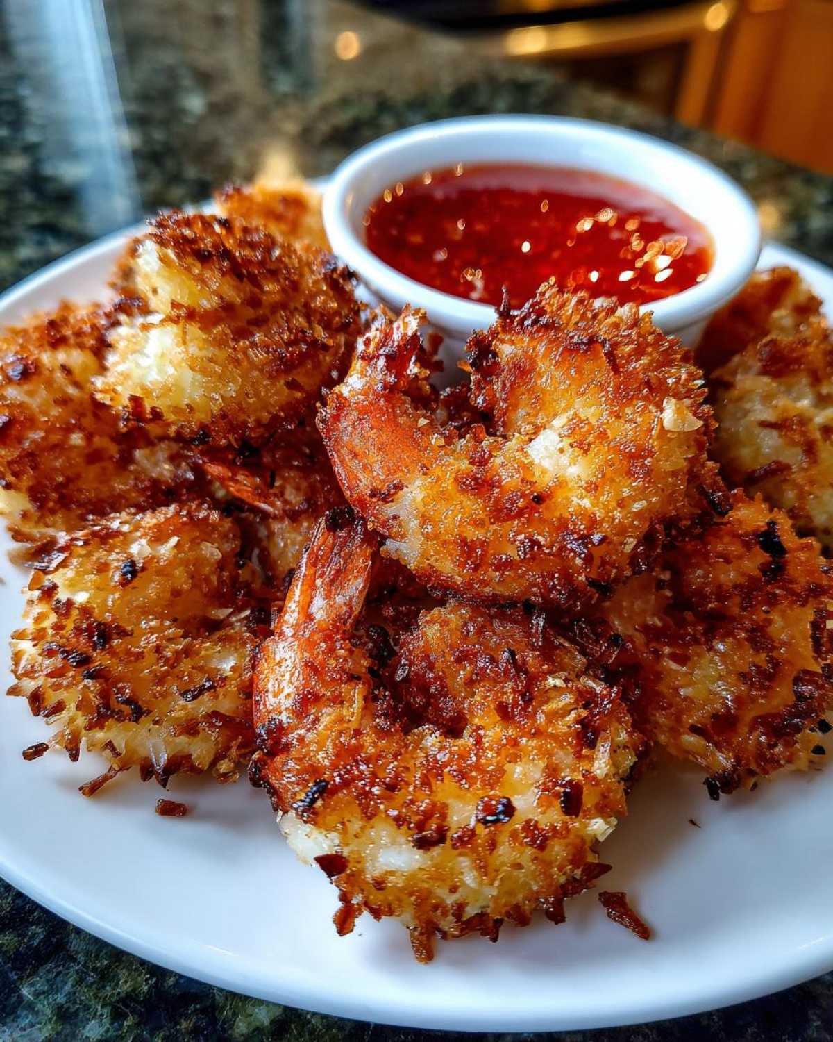 A plate of perfectly fried, crispy coconut shrimp served with a small bowl of red dipping sauce.