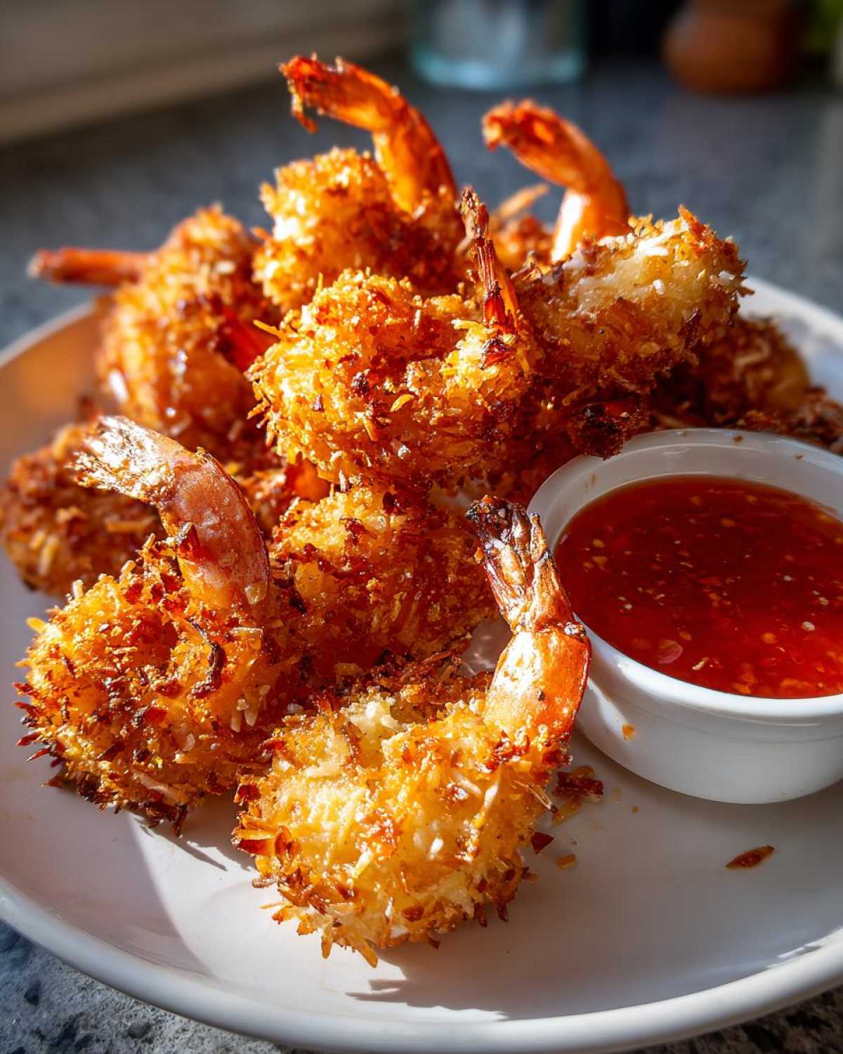 A plate of crispy, golden brown coconut shrimp served with a side of sweet chili dipping sauce.