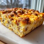 Close-up of a thick, golden-brown slice of savory egg bake with visible sausage pieces.