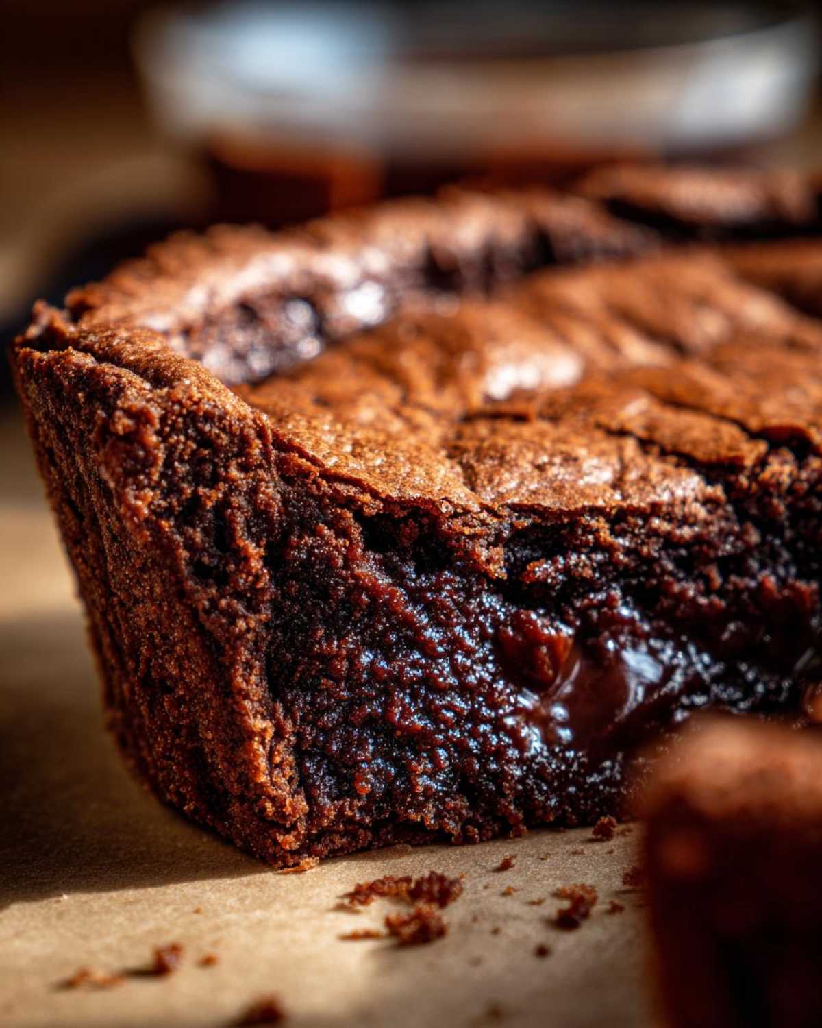 Close-up of a rich, dark chocolate fudge pie showing a molten, gooey center, highlighting the texture of the 350 calorie fudge pie.