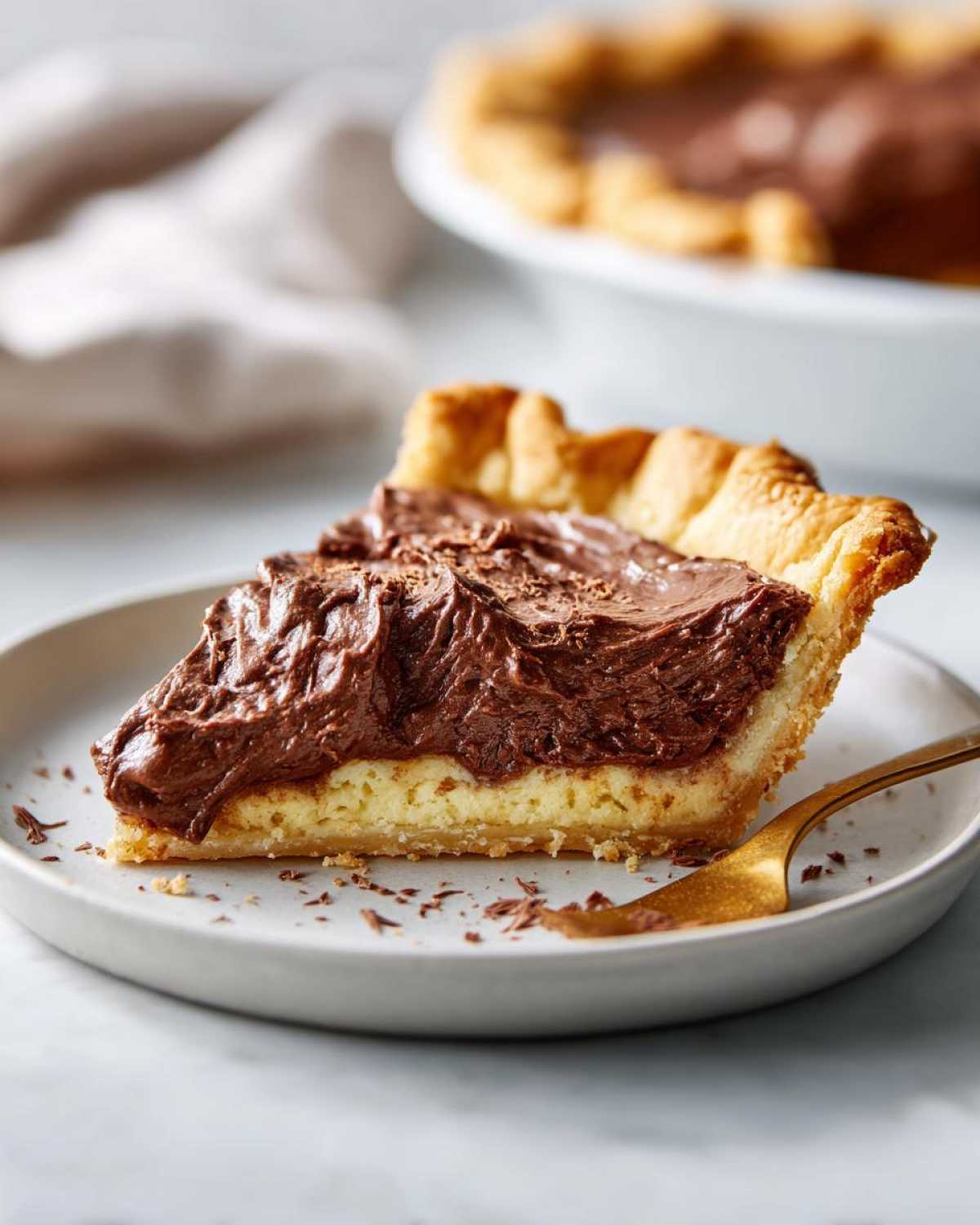 A close-up of a slice of hot fudge pie showing the creamy chocolate topping and crust.