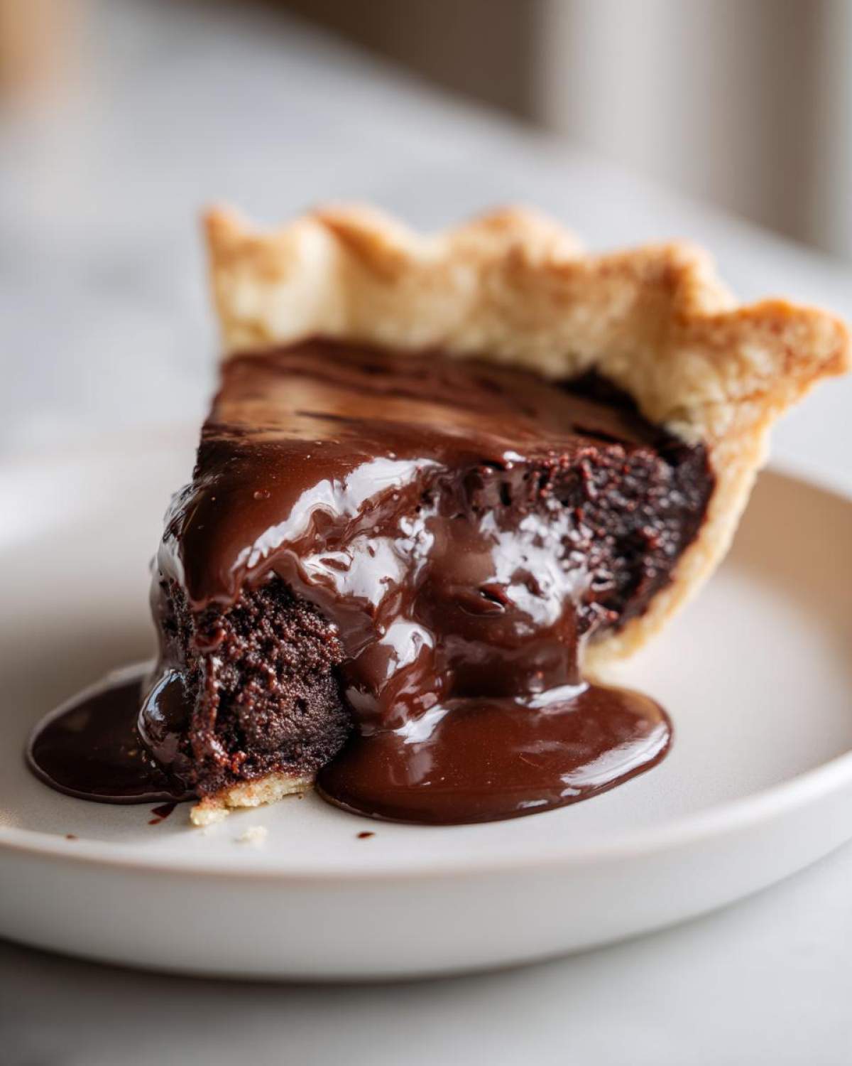 Close-up of a slice of hot fudge pie with a rich, dark chocolate filling and warm fudge sauce dripping onto a plate.