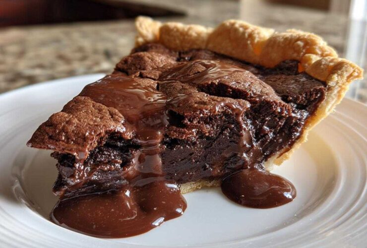 Close-up of a slice of hot fudge pie with a gooey, melted chocolate center oozing onto a white plate.