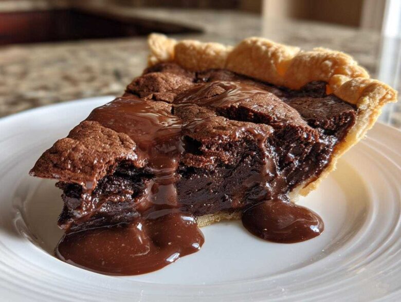 Close-up of a slice of hot fudge pie with a gooey, melted chocolate center oozing onto a white plate.