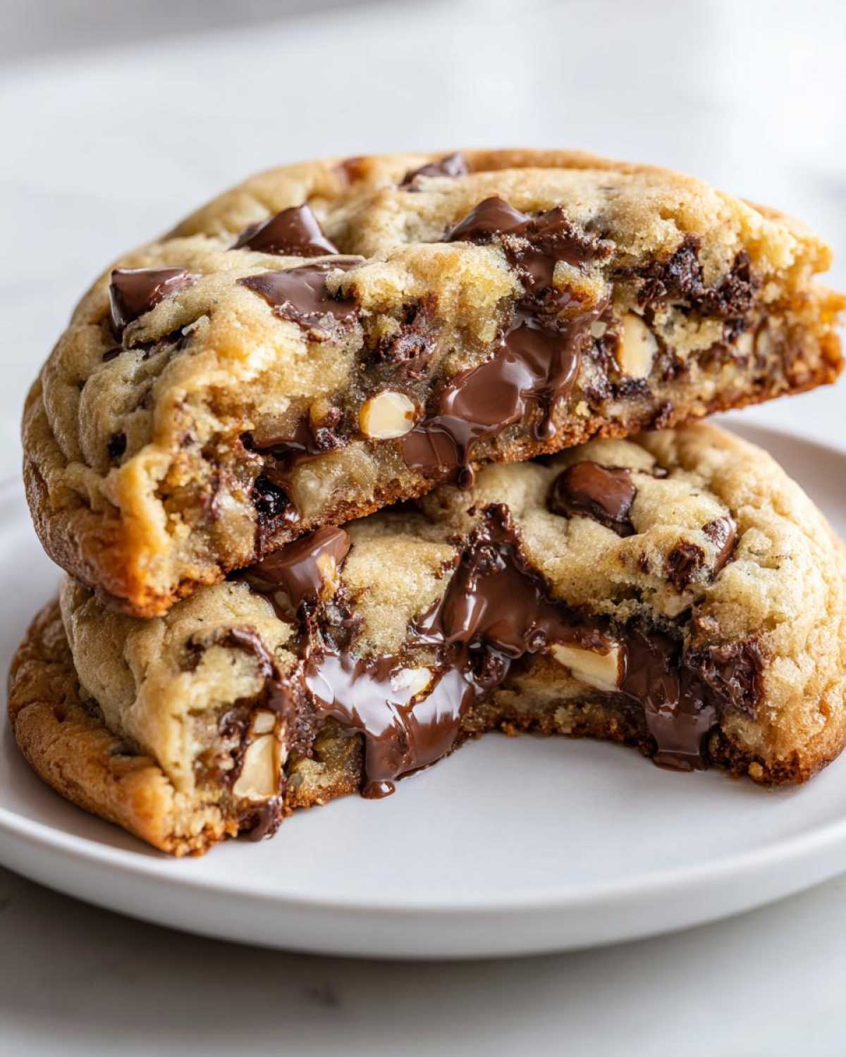 Two thick levain bakery chocolate chip cookies stacked, cut open to show molten, gooey chocolate chips inside.