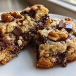 Close-up of a gooey levain bakery chocolate chip cookie broken in half, showing melted chocolate and walnuts.