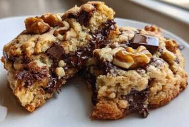 Close-up of a gooey levain bakery chocolate chip cookie broken in half, showing melted chocolate and walnuts.