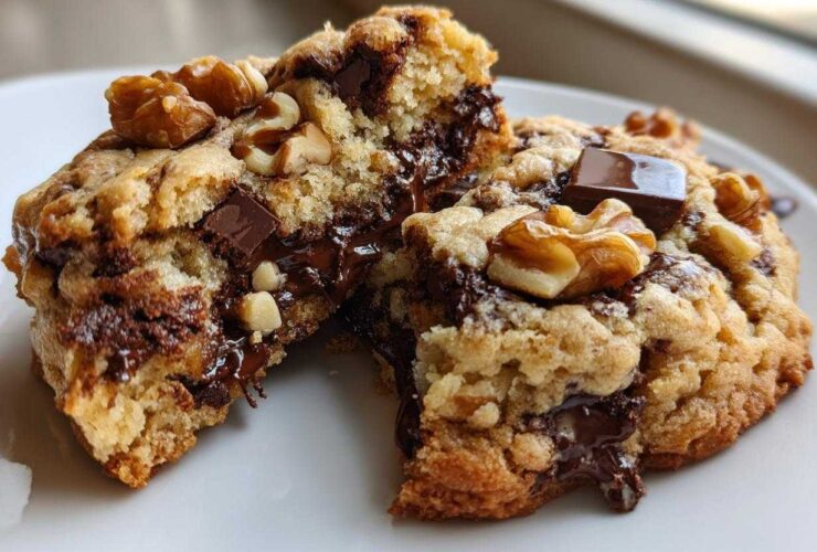 Close-up of a gooey levain bakery chocolate chip cookie broken in half, showing melted chocolate and walnuts.