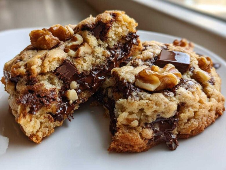 Close-up of a gooey levain bakery chocolate chip cookie broken in half, showing melted chocolate and walnuts.