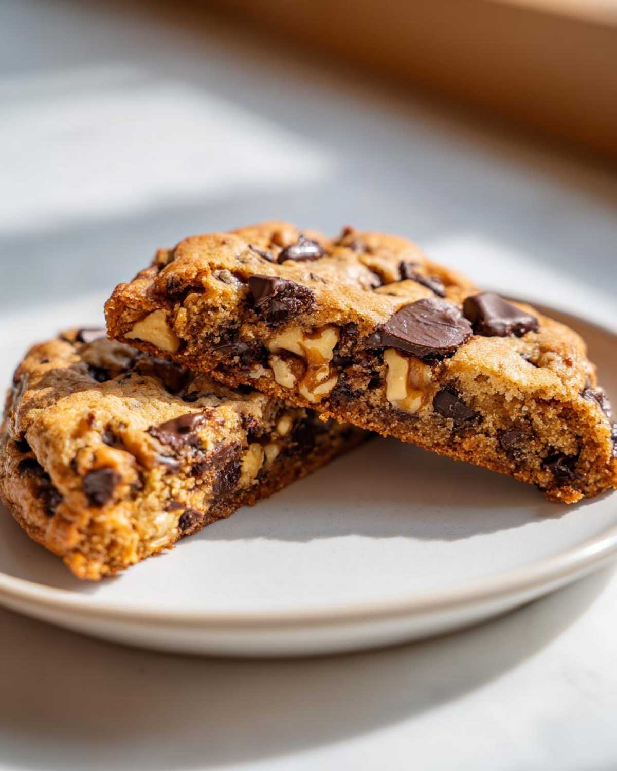 Close-up of a gooey levain bakery chocolate chip cookie cut in half, revealing melted chocolate and walnuts inside.