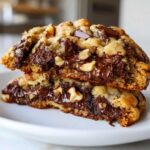 Close-up of two gooey levain bakery chocolate chip cookies stacked, showing melted chocolate and walnuts inside.