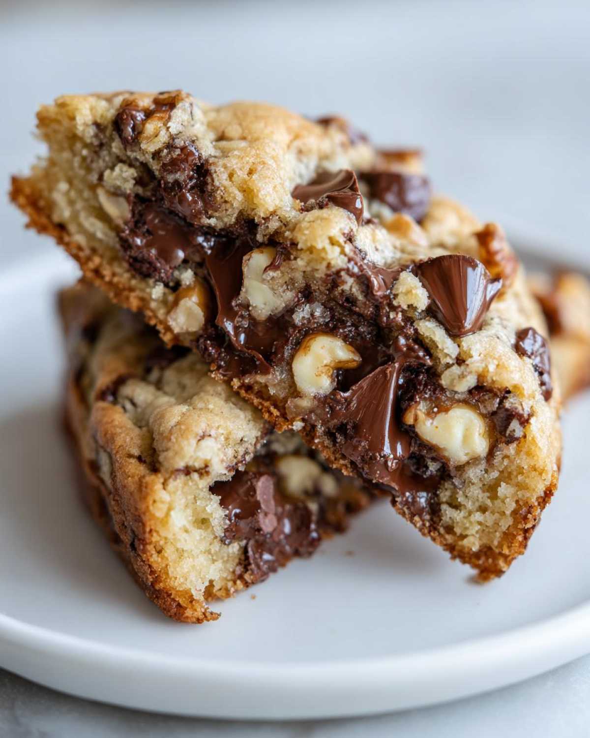 Close-up of a gooey levain bakery chocolate chip cookie cut in half, showing melted chocolate and nuts.
