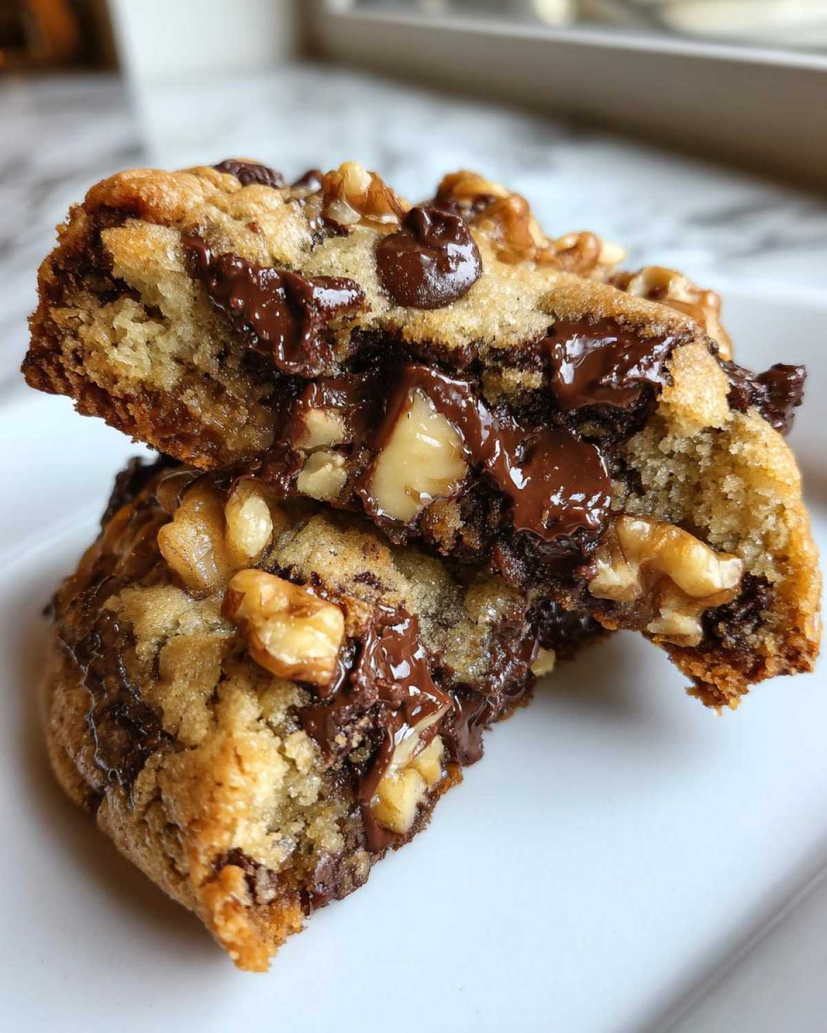 Close-up of a gooey levain bakery chocolate chip cookie broken in half, showing melted chocolate and walnuts.
