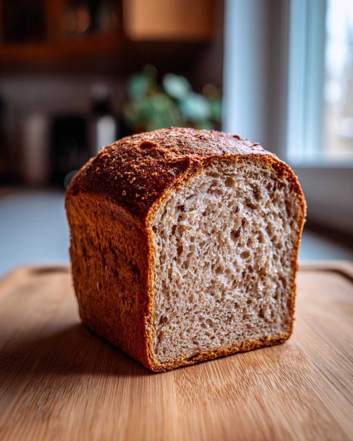 Close-up of a freshly baked loaf of greek yogurt banana bread, showing the moist, brown crumb texture.