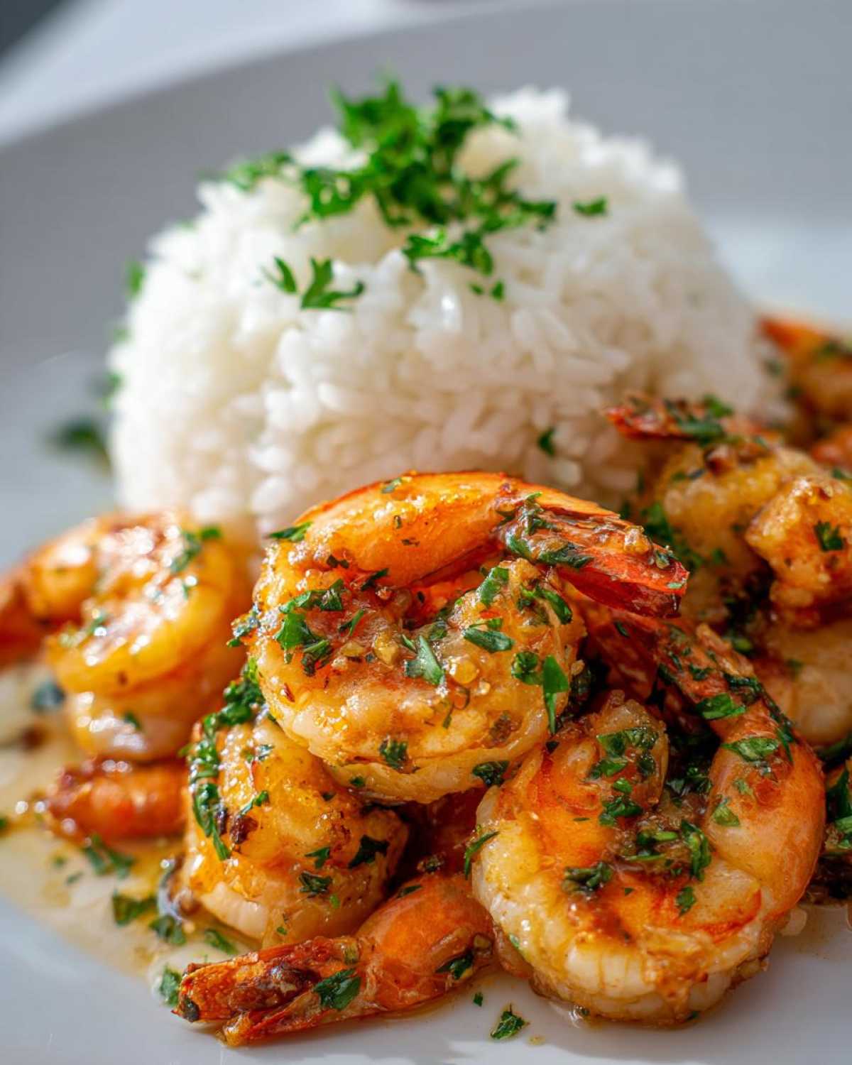 A close-up of succulent hawaiian garlic shrimp coated in garlic butter sauce and parsley, served next to a mound of white rice.