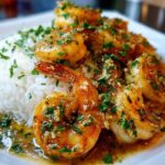 Close-up of juicy Hawaiian garlic shrimp served over a mound of white rice, drenched in garlic butter sauce and parsley.