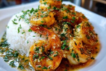 Close-up of juicy Hawaiian garlic shrimp served over a mound of white rice, drenched in garlic butter sauce and parsley.